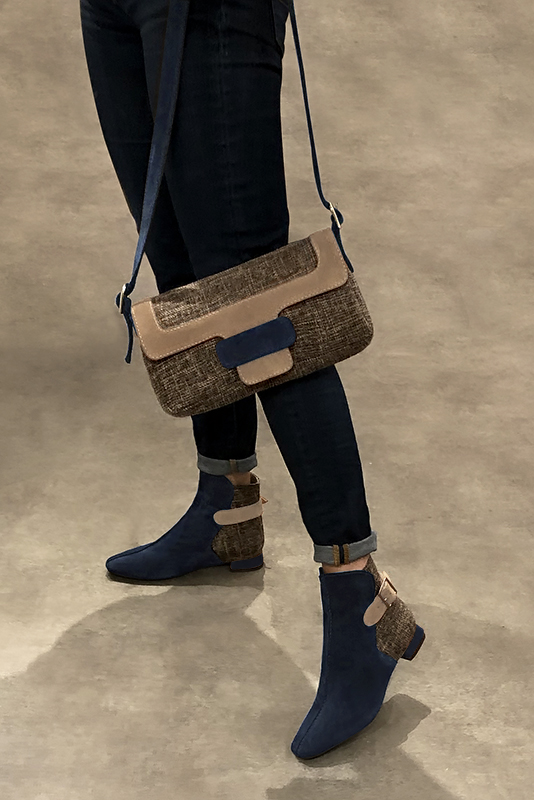 Midnight blue, dark brown and tan beige women's ankle boots with buckles at the back. Square toe. Flat flare heels. Worn view - Florence KOOIJMAN